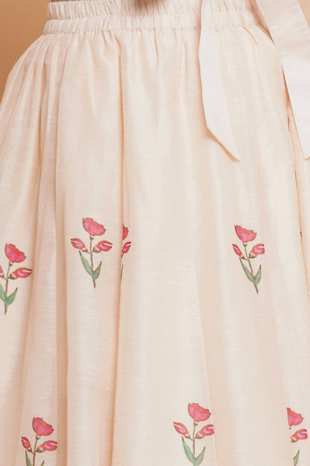 Girl's Beige Floral Printed Silk Lehenga