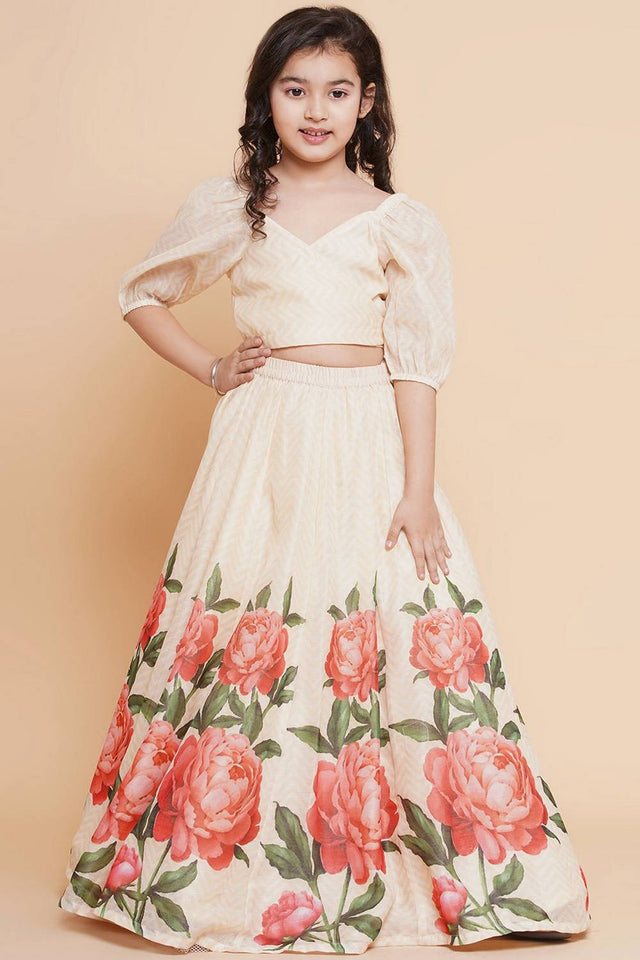 Girl's Beige Floral Printed Silk Lehenga