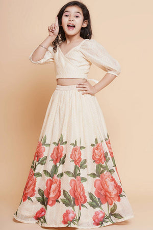 Girl's Beige Floral Printed Silk Lehenga