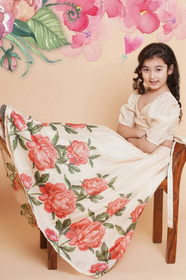 Girl's Beige Floral Printed Silk Lehenga