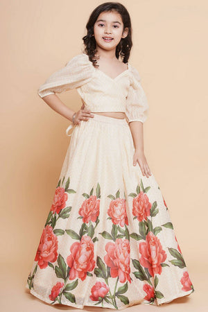 Girl's Beige Floral Printed Silk Lehenga