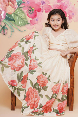Girl's Beige Floral Printed Silk Lehenga
