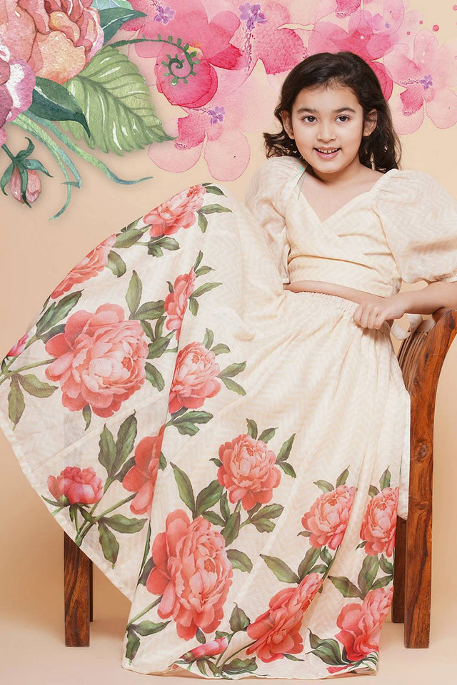 Girl's Beige Floral Printed Silk Lehenga