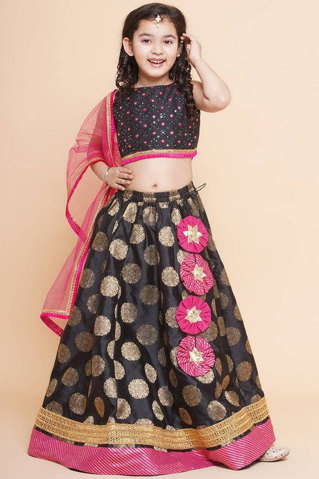 Girl's Pink Embroidered Silk Lehenga