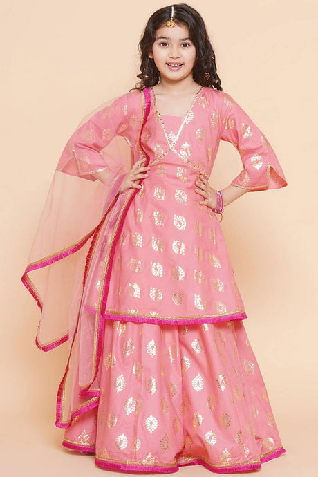 Girl's Peach Foil Printed Cotton Lehenga