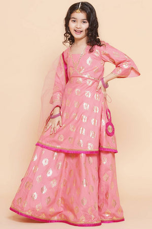 Girl's Peach Foil Printed Cotton Lehenga