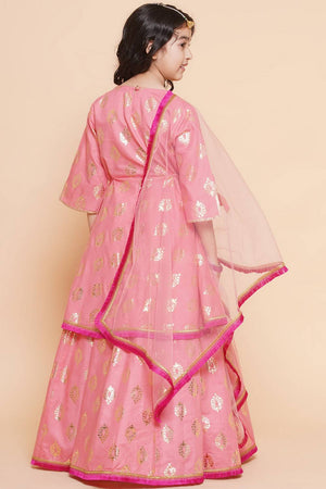 Girl's Peach Foil Printed Cotton Lehenga