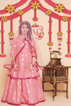 Girl's Peach Foil Printed Cotton Lehenga