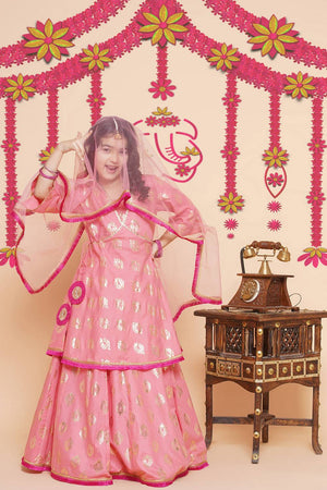 Girl's Peach Foil Printed Cotton Lehenga
