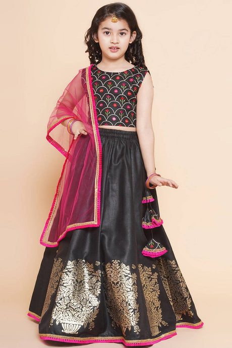 Girl's Black Foil Printed Cotton Lehenga