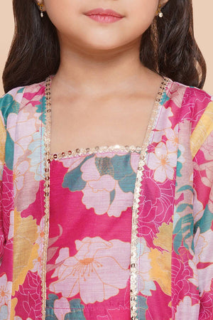 Girl's Pink Floral Printed Silk Lehenga