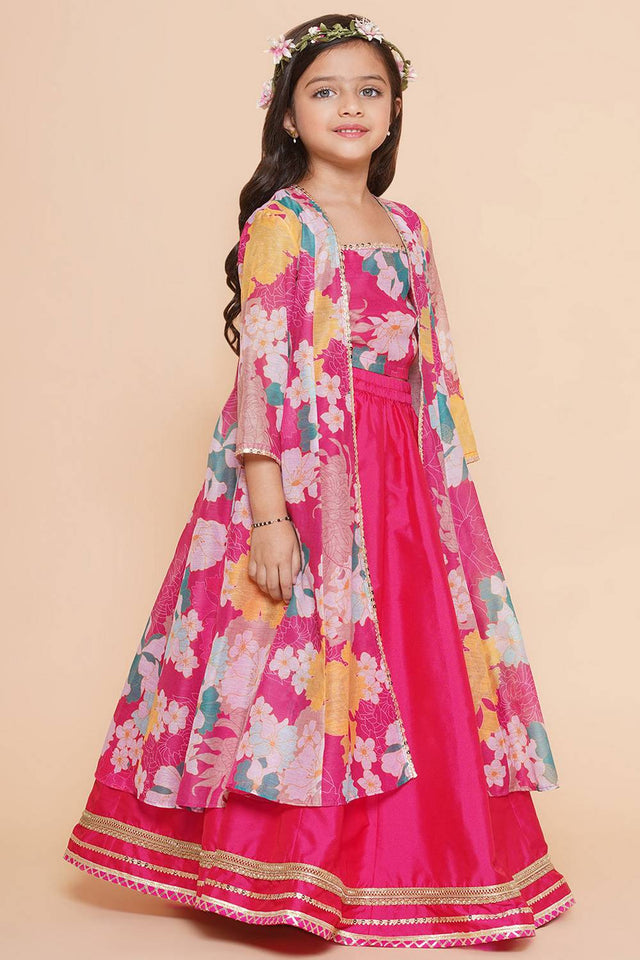 Girl's Pink Floral Printed Silk Lehenga