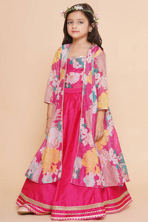 Girl's Pink Floral Printed Silk Lehenga