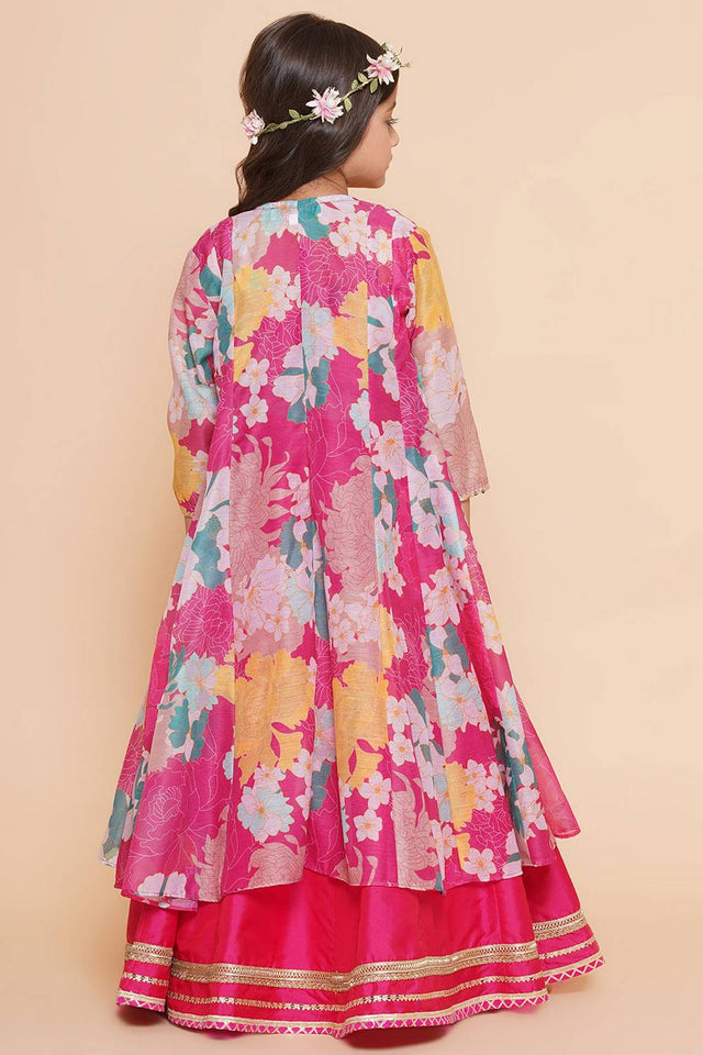 Girl's Pink Floral Printed Silk Lehenga
