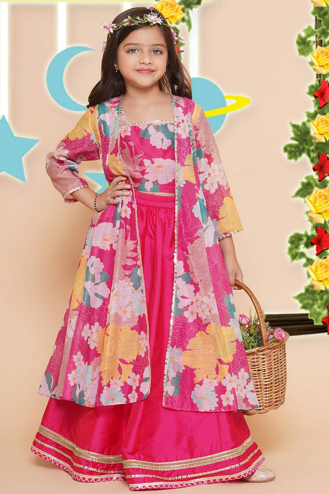 Girl's Pink Floral Printed Silk Lehenga