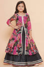 Girl's Black Floral Printed Silk Lehenga