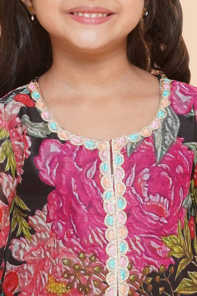 Girl's Black Floral Printed Silk Lehenga