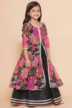 Girl's Black Floral Printed Silk Lehenga