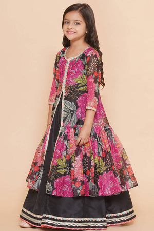 Girl's Black Floral Printed Silk Lehenga