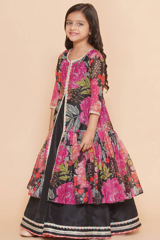 Girl's Black Floral Printed Silk Lehenga