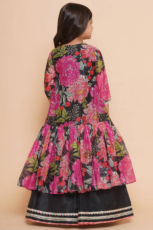 Girl's Black Floral Printed Silk Lehenga