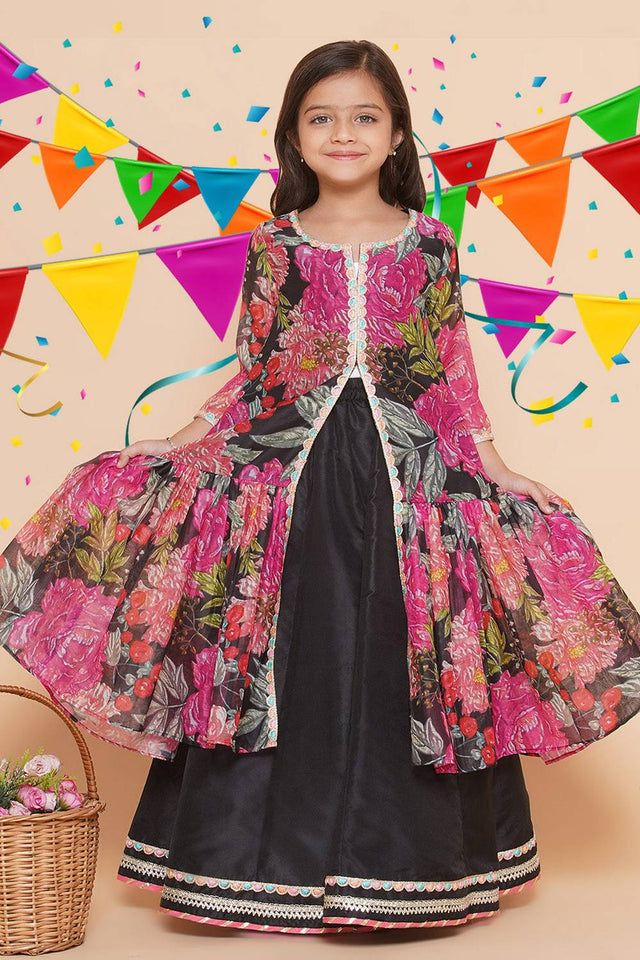 Girl's Black Floral Printed Silk Lehenga