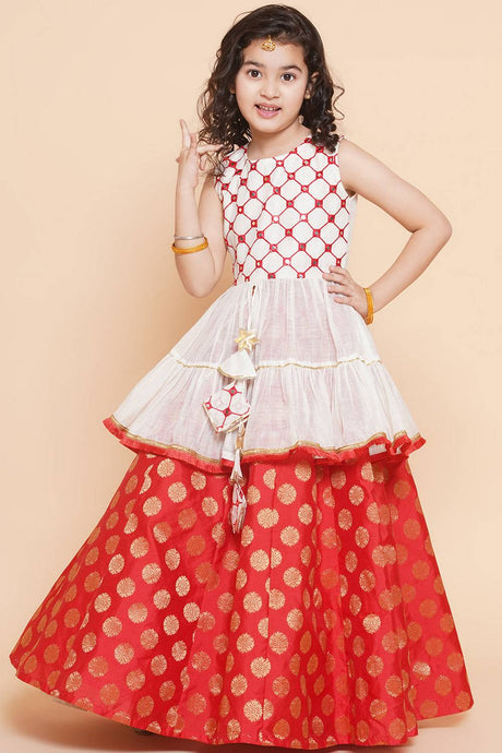 Girl's Red Woven Silk Lehenga