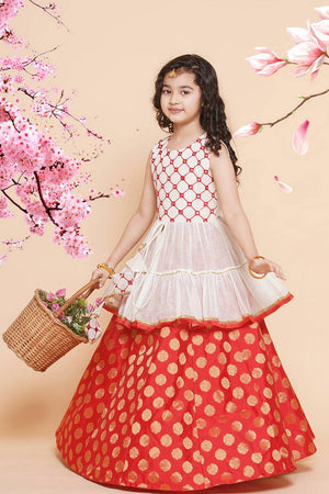 Girl's Red Woven Silk Lehenga