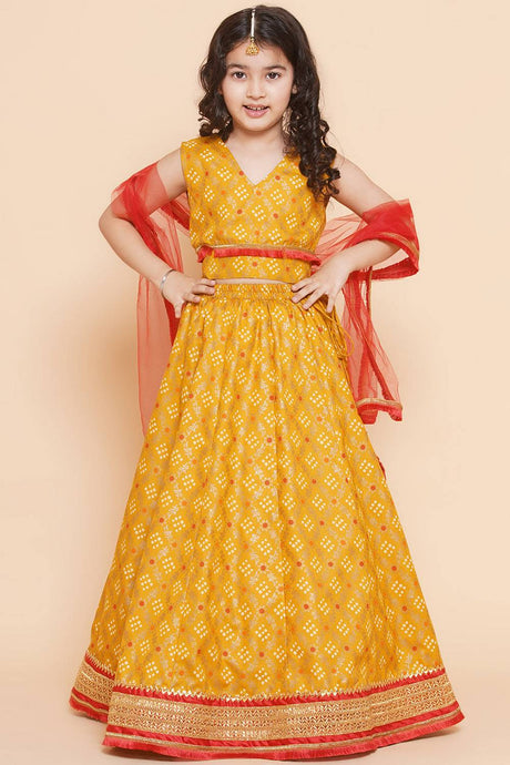 Girl's Yellow Bandhani Printed Cotton Lehenga