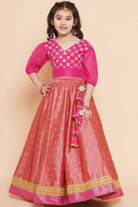 Girl's Pink Mirror Work With Embroidered Silk Lehenga