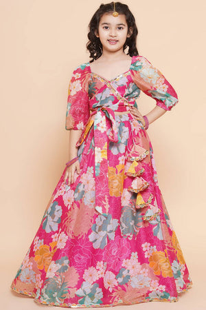 Girl's Pink Floral Printed Silk Lehenga