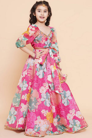 Girl's Pink Floral Printed Silk Lehenga