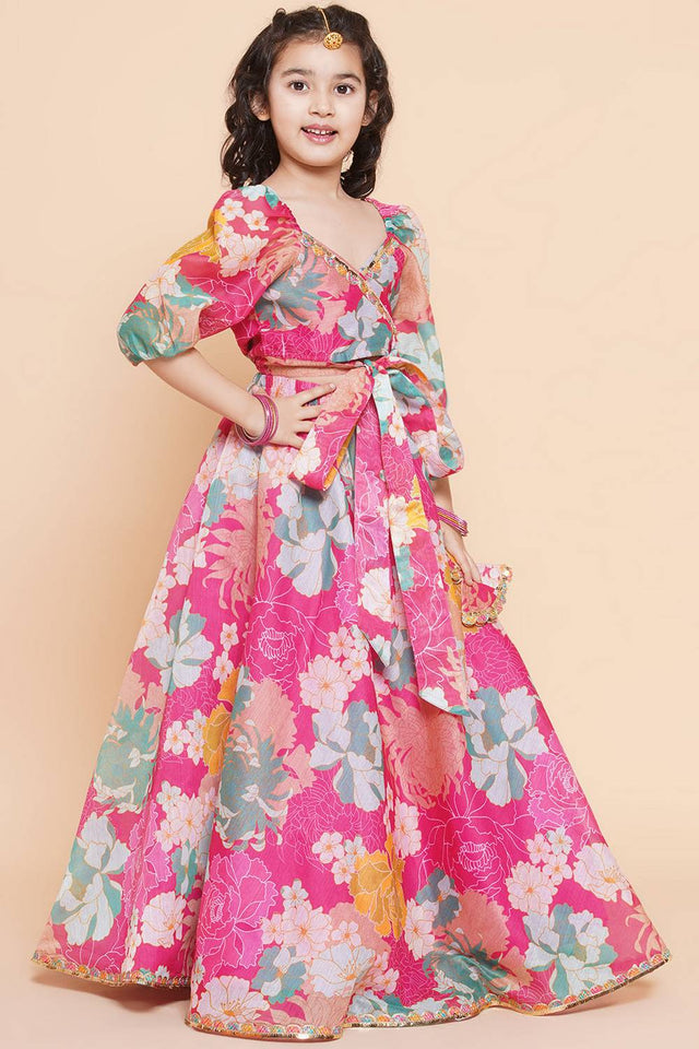 Girl's Pink Floral Printed Silk Lehenga