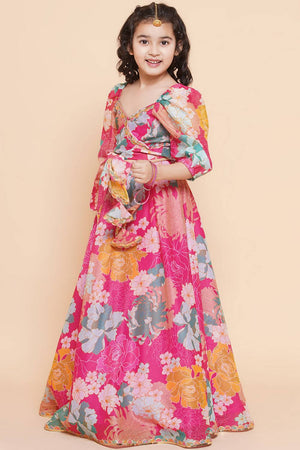 Girl's Pink Floral Printed Silk Lehenga