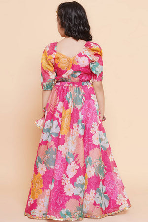 Girl's Pink Floral Printed Silk Lehenga