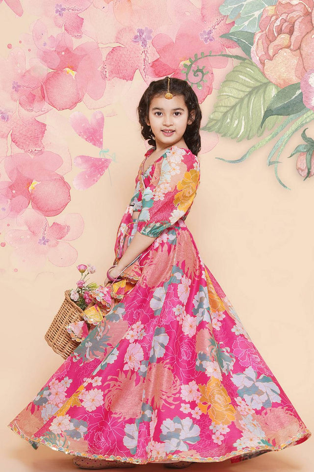 Girl's Pink Floral Printed Silk Lehenga