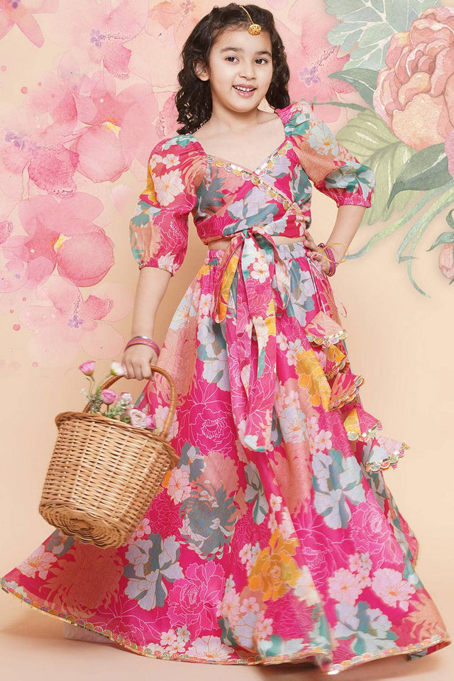 Girl's Pink Floral Printed Silk Lehenga