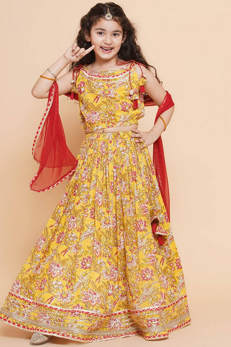 Girl's Yellow Floral Printed Cotton Lehenga