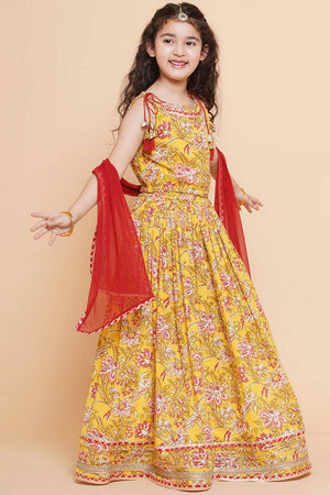 Girl's Yellow Floral Printed Cotton Lehenga