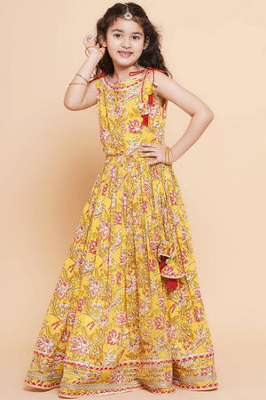 Girl's Yellow Floral Printed Cotton Lehenga