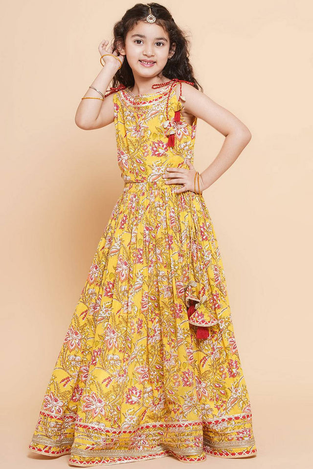 Girl's Yellow Floral Printed Cotton Lehenga