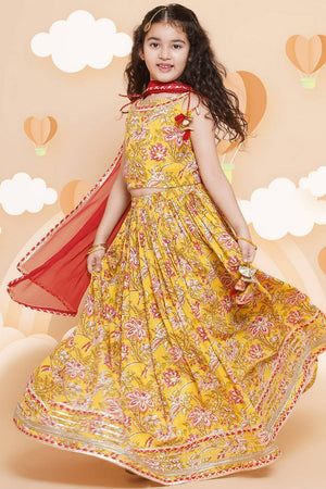 Girl's Yellow Floral Printed Cotton Lehenga