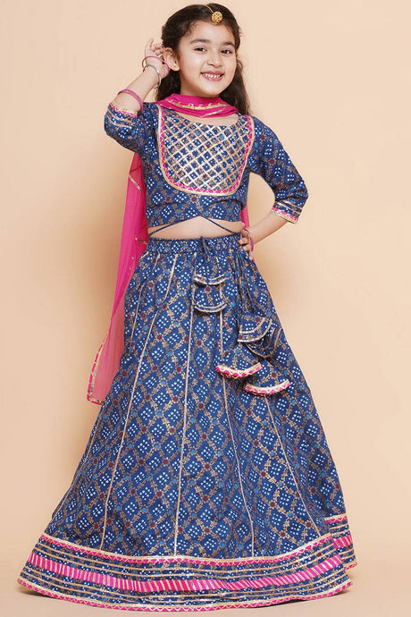 Girl's Blue Bandhani Printed Cotton Lehenga