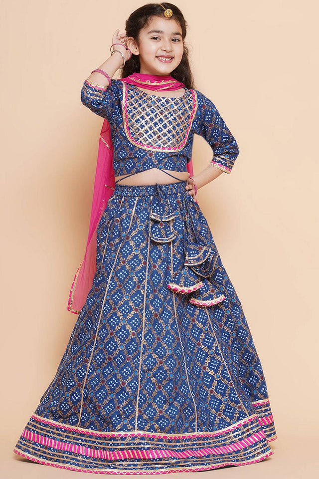 Girl's Blue Bandhani Printed Cotton Lehenga