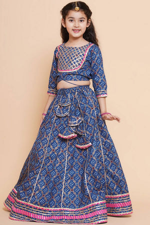 Girl's Blue Bandhani Printed Cotton Lehenga