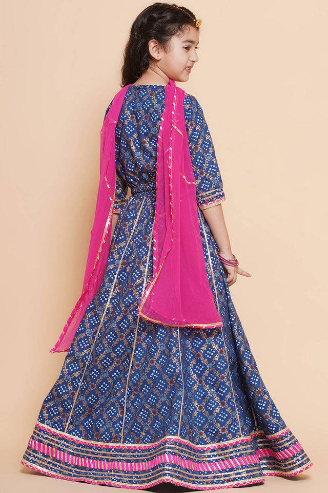 Girl's Blue Bandhani Printed Cotton Lehenga