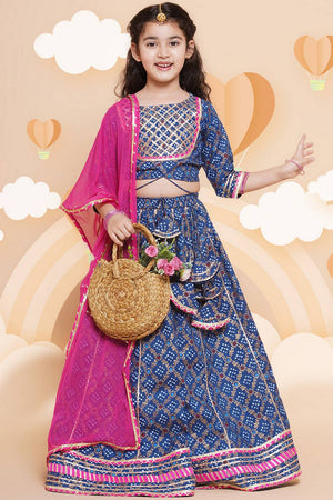 Girl's Blue Bandhani Printed Cotton Lehenga