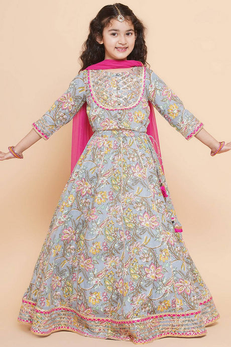 Girl's Blue Floral Printed Cotton Lehenga