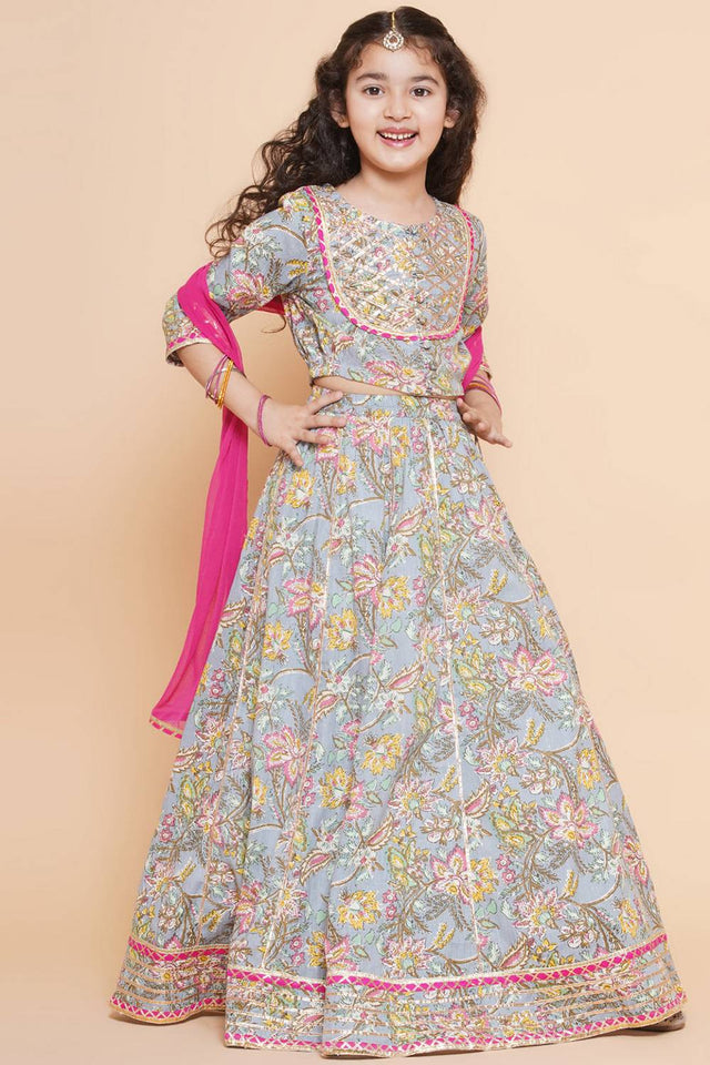 Girl's Blue Floral Printed Cotton Lehenga