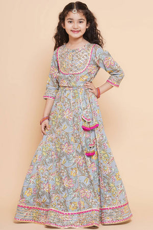 Girl's Blue Floral Printed Cotton Lehenga